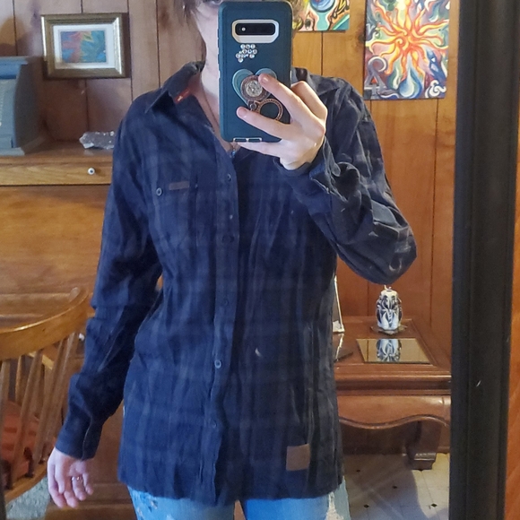 Indian Motorcycle navy blue gray and black plaid button down longsleeve shirt. - Picture 2 of 16
